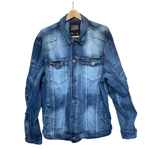 COPPER RIVET Denim Factory Distressed Jean Jacket Blue with Fade Men’s Size 3X. - Picture 4 of 16